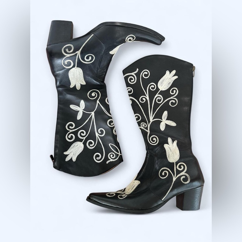 Turkish Soul Black Leather Tall Cowboy Boots with White Tulip Floral Embroidery
